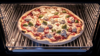 Wall Mural - Delicious pizza baking in oven, close-up. (1)