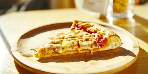 Wall Mural - Delicious pizza slice on wooden plate.