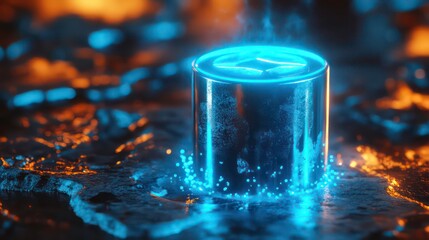 Poster - Glowing blue symbol on dark metallic cylinder, smoky background.