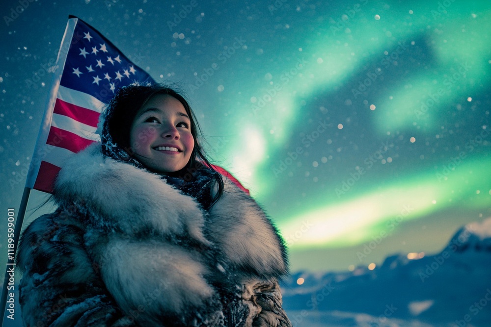 Inuit girl in a traditional fur coat with the United States flag on ...