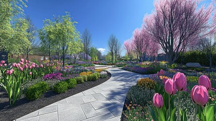 Wall Mural - Spring Garden Pathway with Blooming Tulips and Blossoming Trees in Full Color