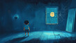 © Thiago - Little boy exploring old mansard with holes and spider web on roof at night with flashlight in pajamas. wood floor, boarded up window cartoon modern illustration. Moonshard. Illustration