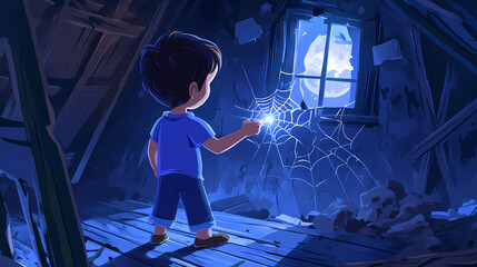 Wall Mural - Little boy exploring old mansard with holes and spider web on roof at night with flashlight in pajamas. wood floor, boarded up window cartoon modern illustration. Moonshard. Illustration