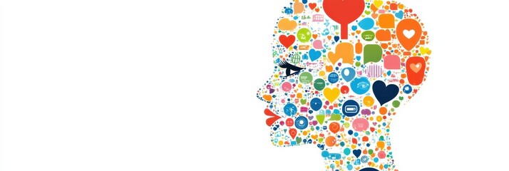 Poster - Stylized human face composed of colorful icons representing emotions and ideas in a creative digital design. Generative AI