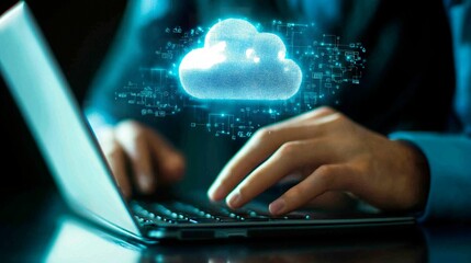 Wall Mural - young businessman working in office with laptop, cloud and data concept
