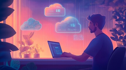 Wall Mural - young businessman working in office with laptop, cloud and data concept