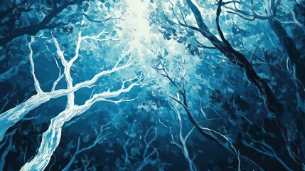 Aufkleber - Low angle view of a dark blue forest canopy with white tree branches reaching towards a bright light source.