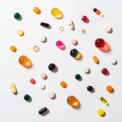 Fototapete - Colorful assortment of pills and capsules with various shapes and sizes on a light background. Generative AI