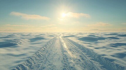 Canvas Print - Snowy road vanishing into a bright winter horizon.