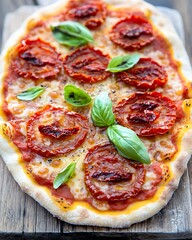 Delicious sun-dried tomato pizza on wooden board.