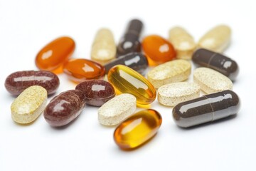 Poster - Colorful assortment of various pills and capsules displayed together for health and wellness. Generative AI
