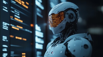 In this futuristic scene, cyborgs navigate a digital realm of glowing interfaces and ongoing data streams.