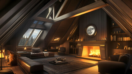 Home interior, modern interior of a dark living room with a mansard roof, fireplace in the living room, rest zone, 3d rendering. Moonshard. Illustration