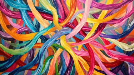 Wall Mural - Abstract painting of vibrant, interwoven colorful ribbons or threads.