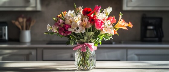 A striking collection of assorted blooms in a clear glass vase, featuring a pink ribbon, positioned within a stylish modern kitchen.