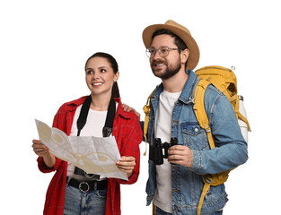 Sticker - Tourism. Happy couple with backpack, map and binoculars on white background