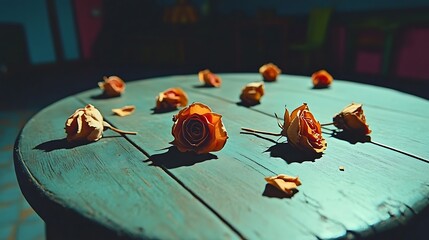 Canvas Print - Dried roses scattered on a rustic teal table.