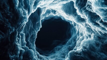 Poster - Abstract image of a dark hole surrounded by swirling blue ice formations.