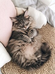 Poster - Fluffy grey cat peacefully sleeping on a woven mat surrounded by soft pillows.