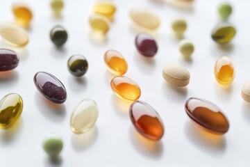 Leinwandbilder - Colorful assortment of pills and capsules arranged on a white surface showcasing various shapes and sizes in natural light. Generative AI