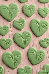 Poster - Green heart-shaped leaves pattern on pink background.