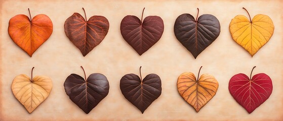 Poster - Heart-shaped autumn leaves in various colors arranged on beige background.