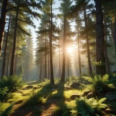  Sunlight shines brightly amidst the greenery of an evergreen forest, evergreen forest, verdant foliage, sun shine