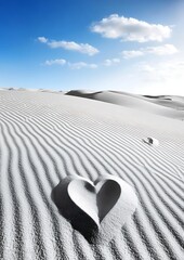 Canvas Print - Heart-shaped rock in a white sand dune desert under a bright blue sky.