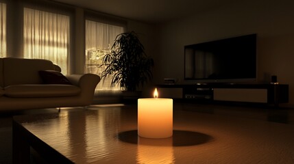 Canvas Print - Lit candle on coffee table in dimly lit living room.