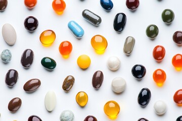 Fototapete - Variety of colorful pills and capsules arranged artistically on a white surface perfect for health and wellness visuals. Generative AI