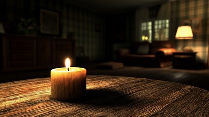 Canvas Print - Lit candle on wooden table in dimly lit room.