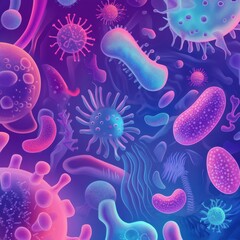 Aufkleber - Illustration showcasing various microscopic microbes in diverse shapes and textures against a vibrant background. Generative AI