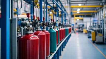 modern factory specializing in gas cylinder production, showcasing organized rows of industrial equi