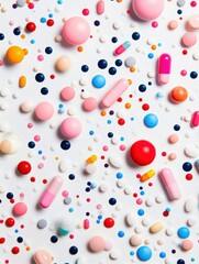 Poster - Colorful assortment of pills and capsules scattered across a white surface. Generative AI