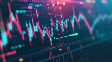 Aufkleber - Close-up of a computer screen displaying dynamic stock market charts with vibrant color-coded lines indicating price fluctuations and trends.