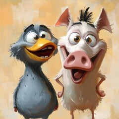 Wall Mural - A Happy Duck and Pig Together in Artistic Painting