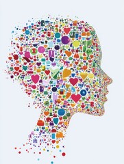 Poster - Stylized human face created from colorful icons reflecting diverse emotions and activities. Generative AI