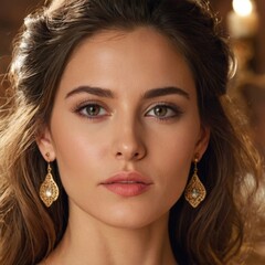 Wall Mural - A woman with long, wavy hair adorned with beautiful golden earrings. The background is softly blurred, suggesting an indoor setting.