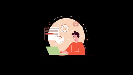 Wall Mural - A man working on a laptop with technology elements in the background, depicting an Asian professional engaged in digital tasks.