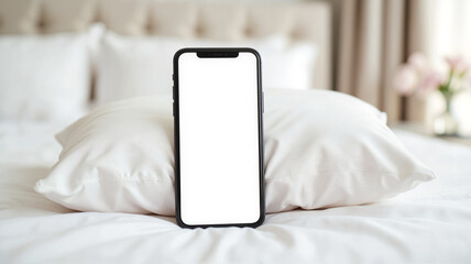Smartphone mockup on cozy bed - perfect for app developers, tech blogs, lifestyle websites, and social media marketing campaigns