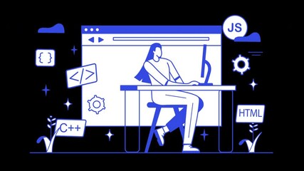 Wall Mural - A stylized illustration of a woman programming at a computer, featuring coding symbols and language logos.