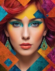 Wall Mural - A vibrant image featuring colorful geometric shapes surrounding a central figure with red hair and dangling earrings