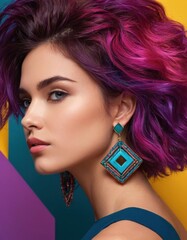 Wall Mural - A person with vibrant purple and pink wavy hair, wearing colorful geometric earrings, against a backdrop of bold yellow and purple geometric shapes