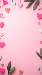 Canvas Print - Pink background with paper hearts and leaves forming a frame.