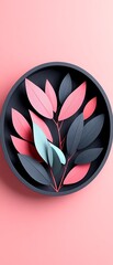 Poster - Pink, blue, and gray leaves in a dark circle on a pink background.