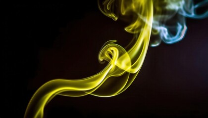 Poster - glowing yellow smoke wave on dark background for artistic, abstract design, vapor motion concept, or graphic accent piece