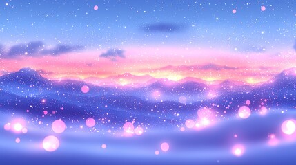 Wall Mural - Pink mountain sunset with glowing orbs.