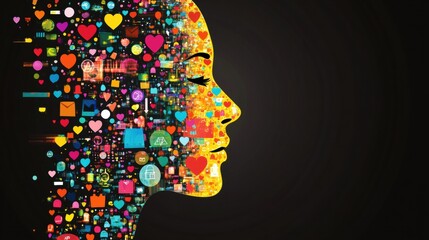 Leinwandbilder - Colorful icons form a stylized human face showcasing digital expressions and modern communication. Generative AI