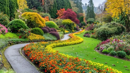 Wall Mural - vibrant garden path winds through colorful flowers and lush greenery, showcasing variety of plants in full bloom. serene landscape invites tranquility and appreciation of nature beauty