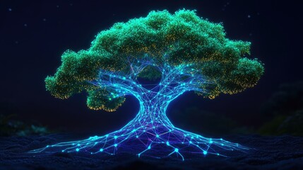 Wall Mural - Glowing digital tree with interconnected network roots and branches at night.